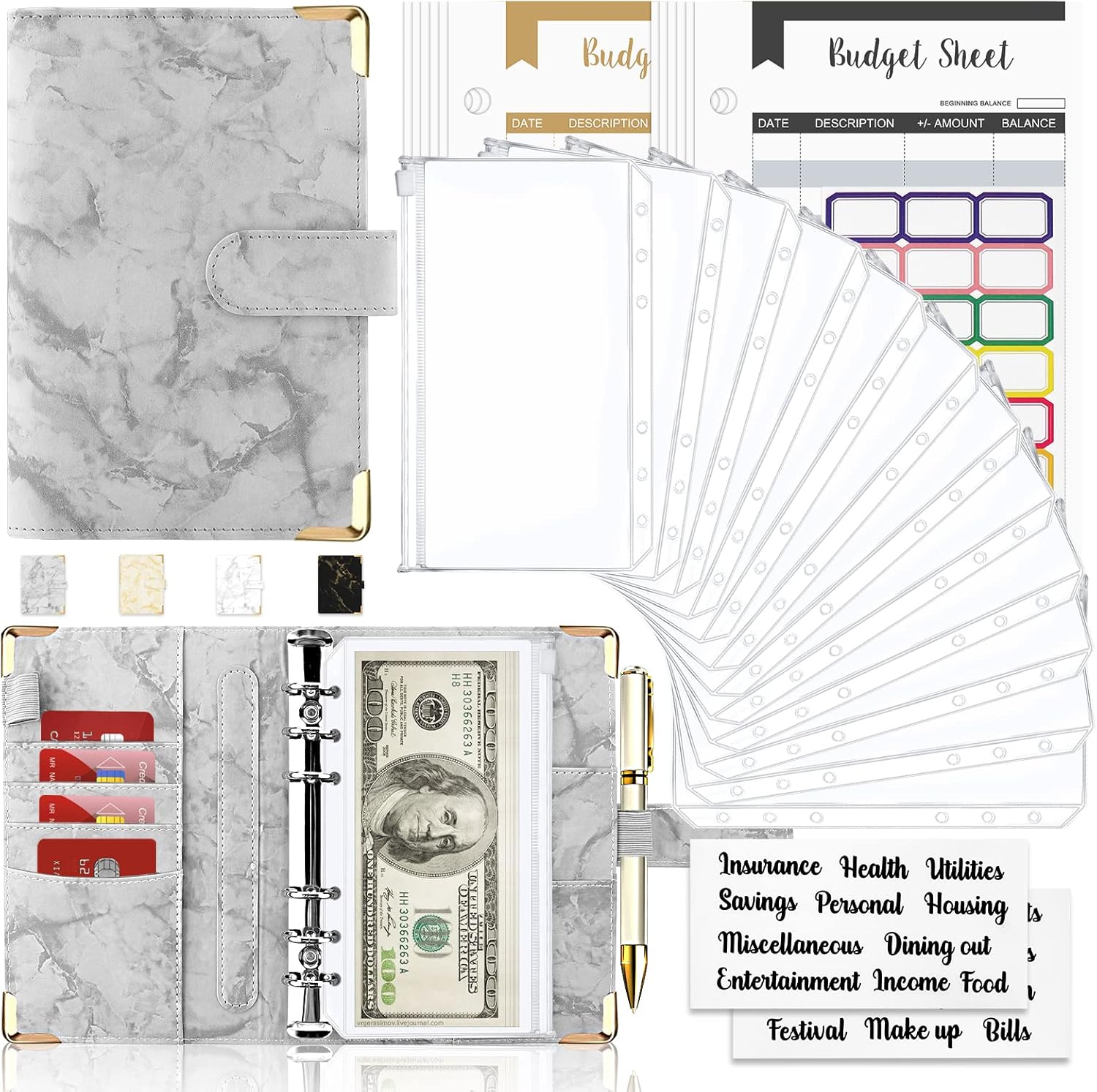 Onlyesh Budget Binder with Cash Envelopes, 28Pcs Marble 6Ring Saving Binder (Grey) - Image 2
